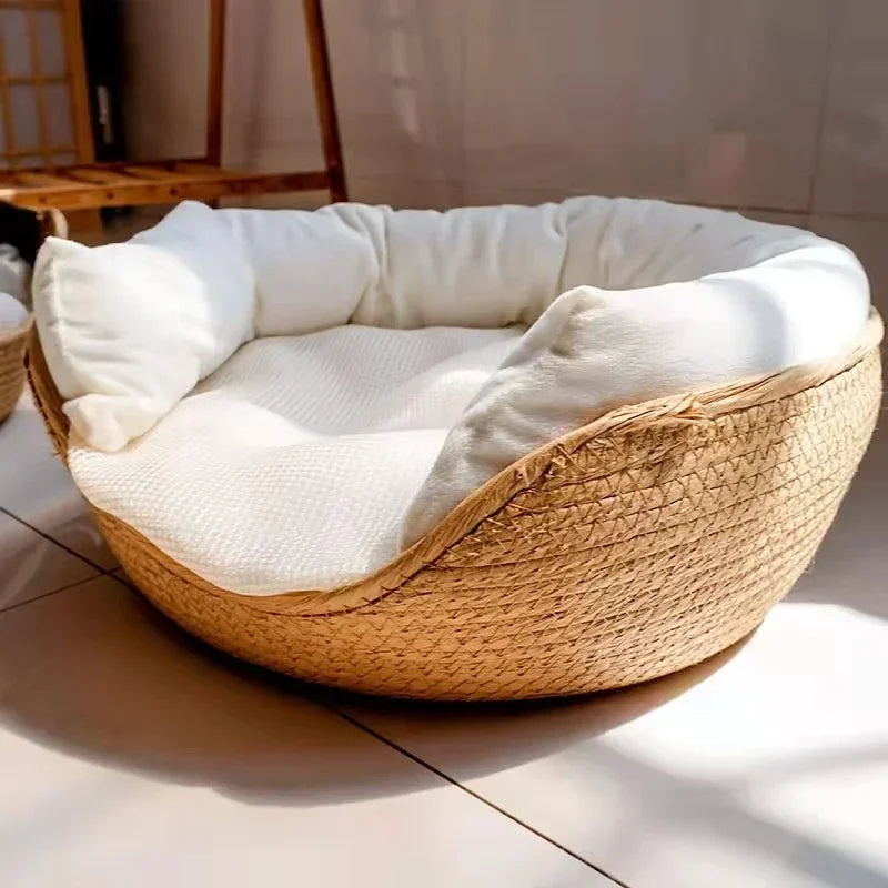 Luxury Bamboo Weave Pet Bed - Cozy Waterproof Dog and Cat Sofa with Removable Cushion for All Seasons
