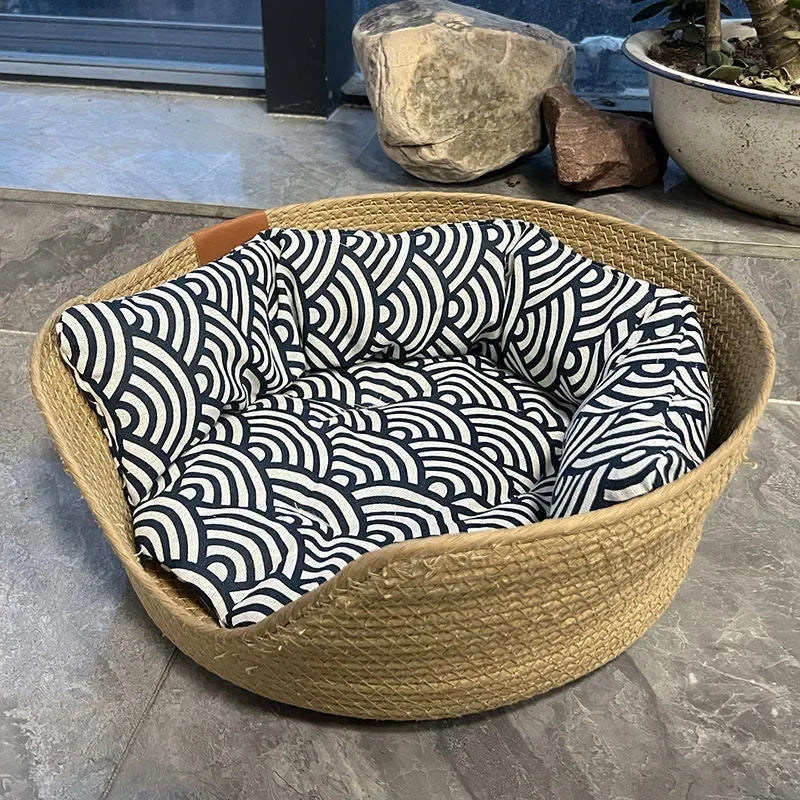 Luxury Bamboo Weave Pet Bed - Cozy Waterproof Dog and Cat Sofa with Removable Cushion for All Seasons