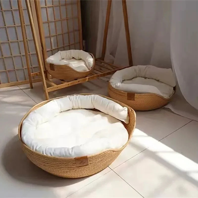 Luxury Bamboo Weave Pet Bed - Cozy Waterproof Dog and Cat Sofa with Removable Cushion for All Seasons