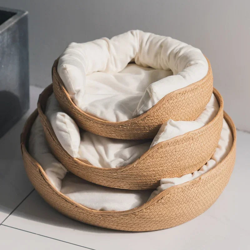 Luxury Bamboo Weave Pet Bed - Cozy Waterproof Dog and Cat Sofa with Removable Cushion for All Seasons