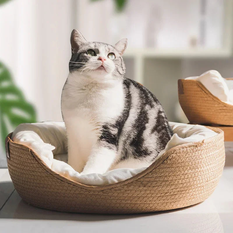 Luxury Bamboo Weave Pet Bed - Cozy Waterproof Dog and Cat Sofa with Removable Cushion for All Seasons