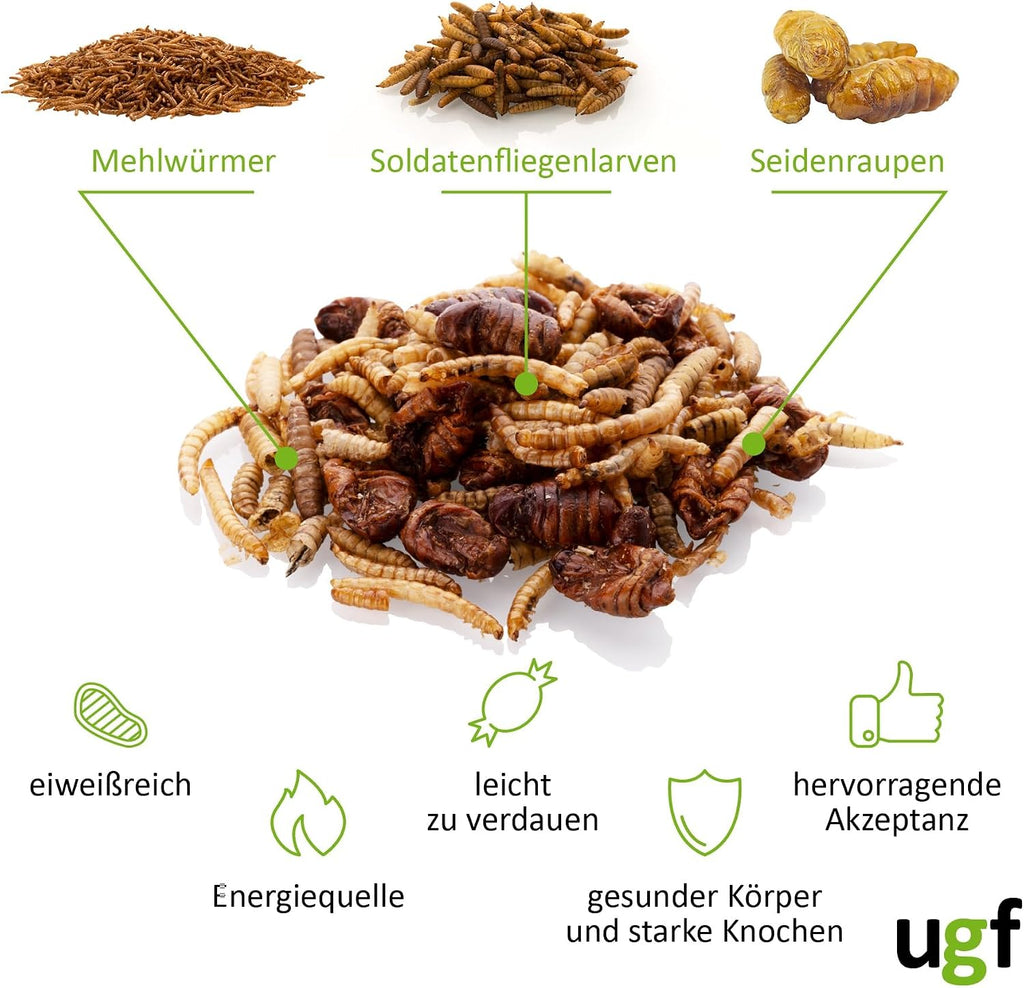 UGF - Insektenmischung - 80G Im 500 Milliliter Eimer, Igelfutter, Rennmausfutter, Hamsterfutter, Rattenfutter, Eidechsenfutter - Mehlwürmer, Soldatenfliegenlarven, Seidenraupen